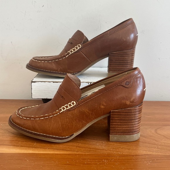 Sperry Shoes - Sperry Seaport Penny Loafer Tan Leather‎ Block Heels STS86537 Womens 5.5